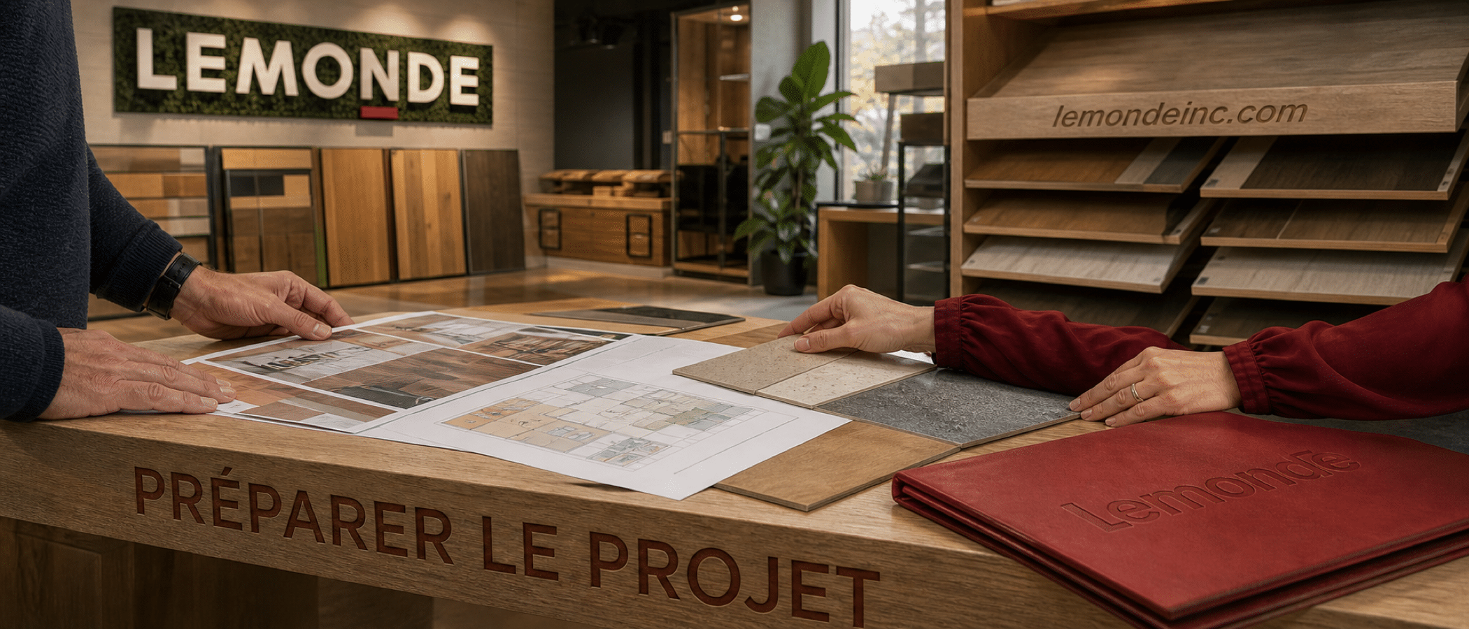 Rencontre en salle de montre autour de plans et d’échantillons pour préparer un projet de garderie.