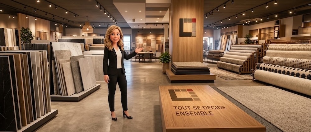 Allée centrale de la salle de montre Lemonde à Boucherville avec ses zones planchers, céramique et tapis