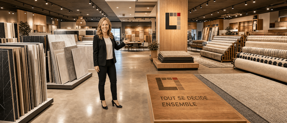 Allée centrale de la salle de montre Lemonde à Boucherville avec ses zones planchers, céramique et tapis
