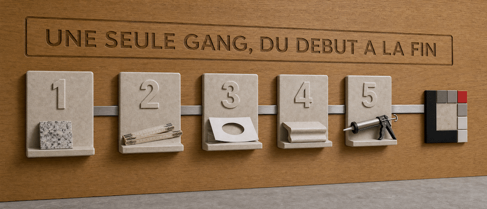 Les cinq étapes d'un comptoir clé en main présentées sur un mur d'atelier chez Lemonde