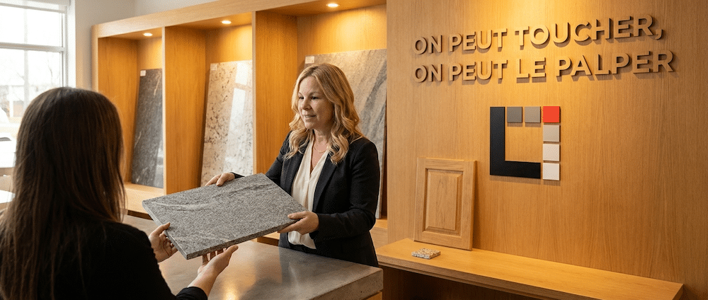 Comptoir de cuisine sur mesure : Karine Cliche remet un grand échantillon de pierre à une cliente dans la salle de montre Lemonde