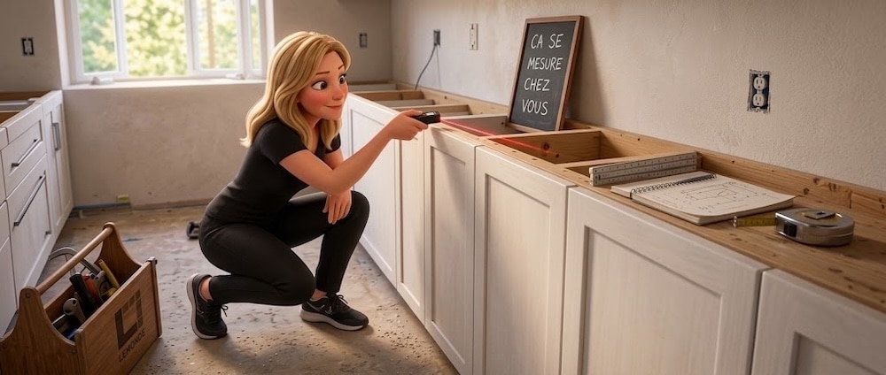 Karine Cliche prend les mesures d'une cuisine en rénovation après l'installation des armoires