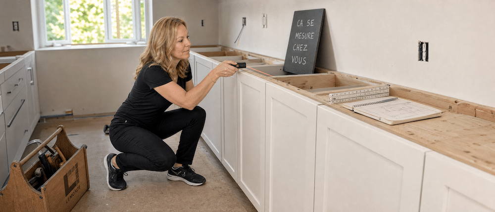 Karine Cliche prend les mesures d'une cuisine en rénovation après l'installation des armoires