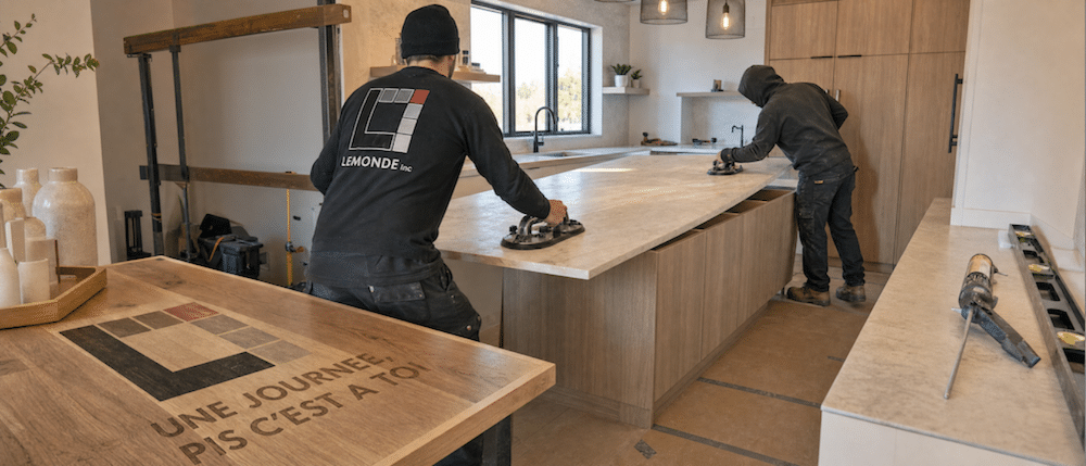 Équipe Lemonde qui installe une dalle de comptoir avec des ventouses de levage dans une cuisine
