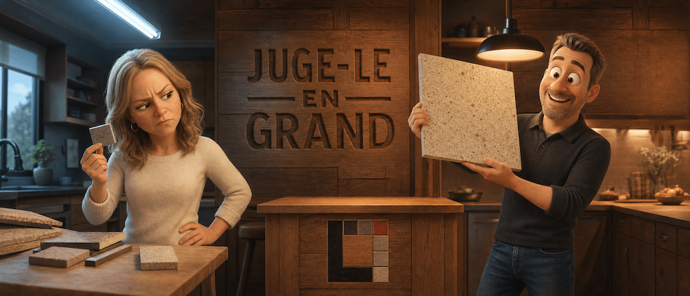 Illustration d'un couple qui compare un petit échantillon et une grande dalle de pierre