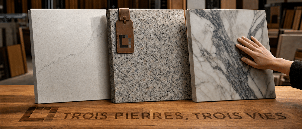 Trois échantillons de pierre côte à côte : quartz, granit et quartzite, sur une table de bois
