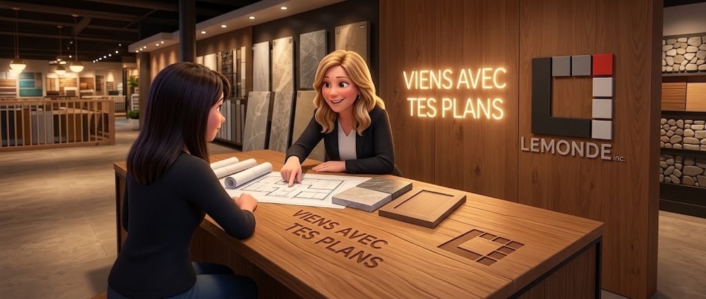 Karine Cliche assise avec une cliente devant des plans de cuisine au comptoir de consultation