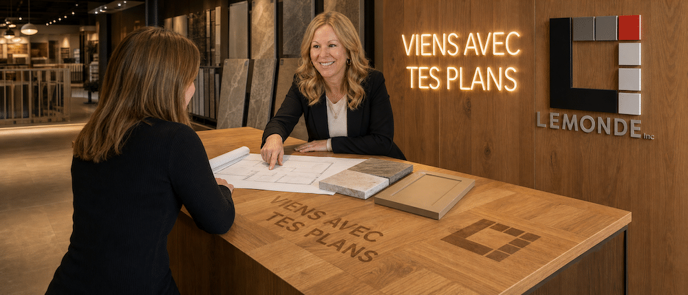 Karine Cliche assise avec une cliente devant des plans de cuisine au comptoir de consultation