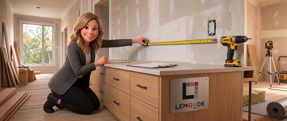 Prise de mesures sur place par Karine Cliche de Lemonde avant la fabrication d'un dosseret de cuisine sur mesure