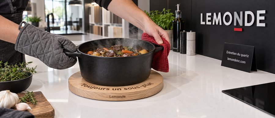 Main dans un gant de cuisine qui dépose un chaudron fumant sur un sous-plat de bois, sur un comptoir de quartz blanc de la cuisine de démonstration
