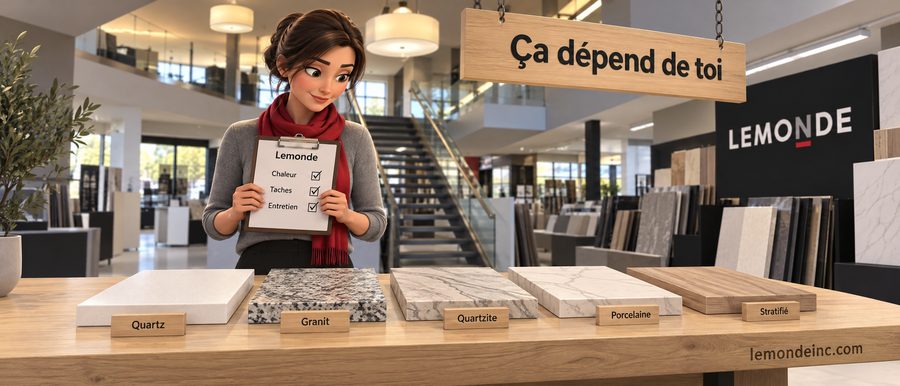 Cinq échantillons de comptoir alignés sur une longue table de démonstration, quartz, granit, quartzite, porcelaine et stratifié, comparés avec une liste à cocher