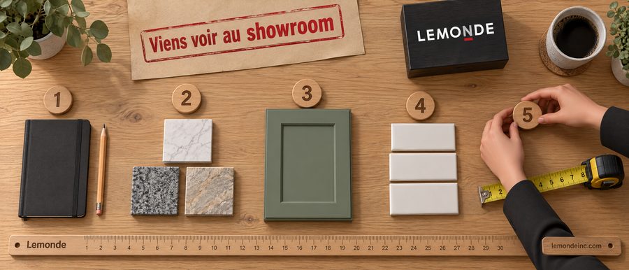 Vue de dessus des cinq étapes pour choisir un comptoir au showroom Lemonde de Boucherville, carnet, échantillons, porte d'armoire, carreaux et ruban à mesurer