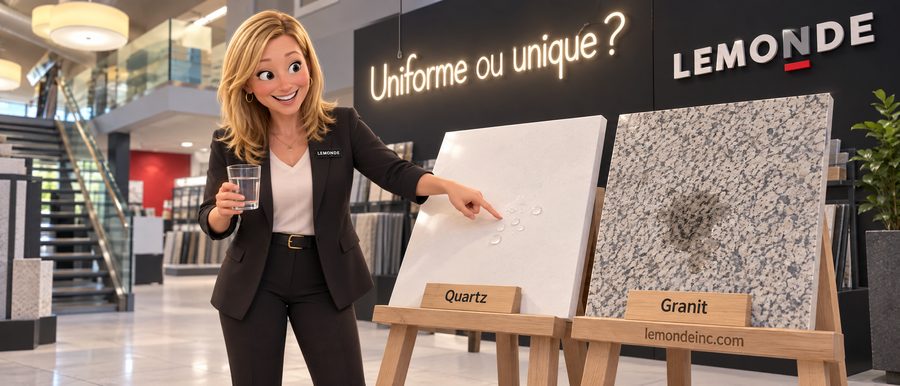 Karine Cliche en 3D montre des gouttes d'eau qui perlent sur une dalle de quartz et pénètrent dans une dalle de granit, au showroom Lemonde