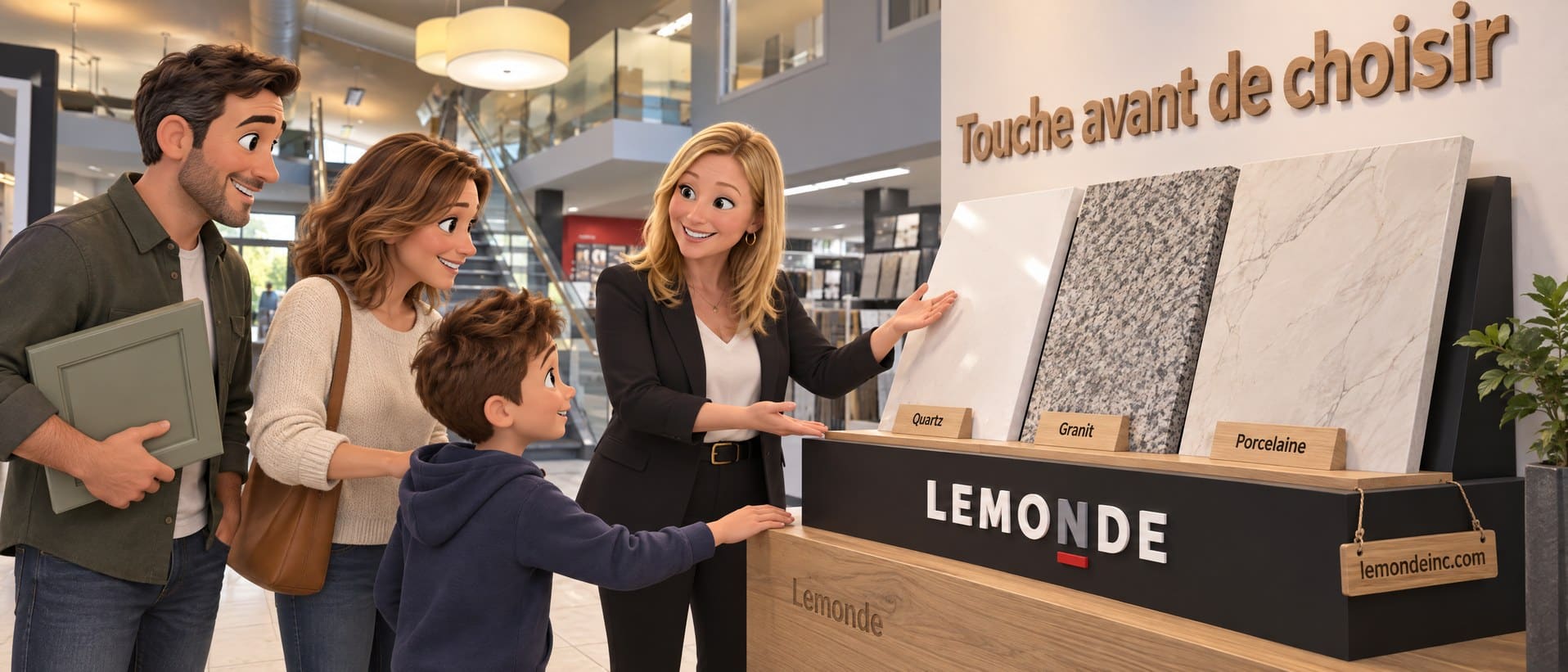 Karine Cliche en 3D et une famille touchent des dalles de quartz, de granit et de porcelaine au showroom Lemonde, pour savoir comment choisir un comptoir de cuisine