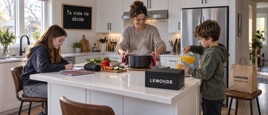 Famille de Varennes qui prépare le souper et fait les devoirs sur un îlot de quartz blanc, chaudron posé sur un sous-plat de bois