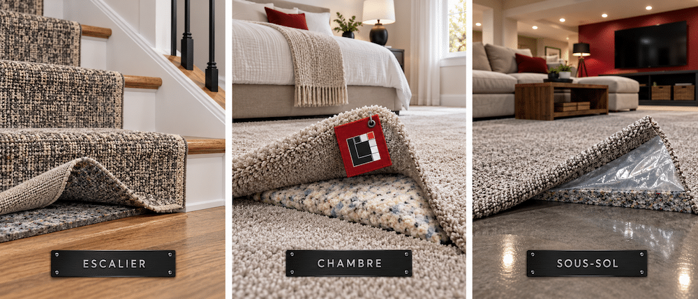 Trois sous-tapis différents, escalier, chambre et sous-sol, montrés sous le rebord du tapis chez Lemonde