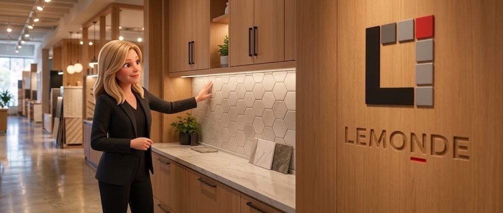 Dosseret de cuisine en céramique hexagonale présenté par Karine Cliche dans la salle de montre Lemonde à Boucherville