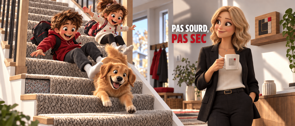 Deux enfants et un chien descendent l'escalier en courant sur un tapis avec sous-tapis, Karine Cliche les regarde, café à la main