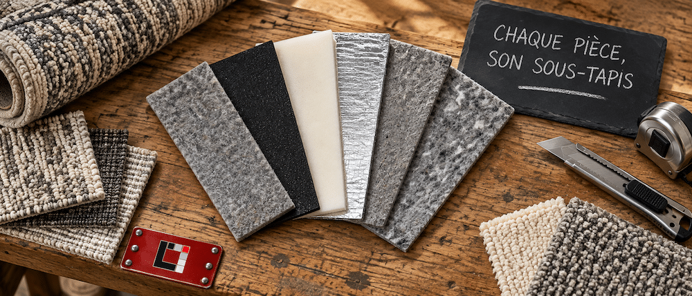 Six échantillons de sous-tapis en éventail sur la table de l'atelier de confection Lemonde à Boucherville