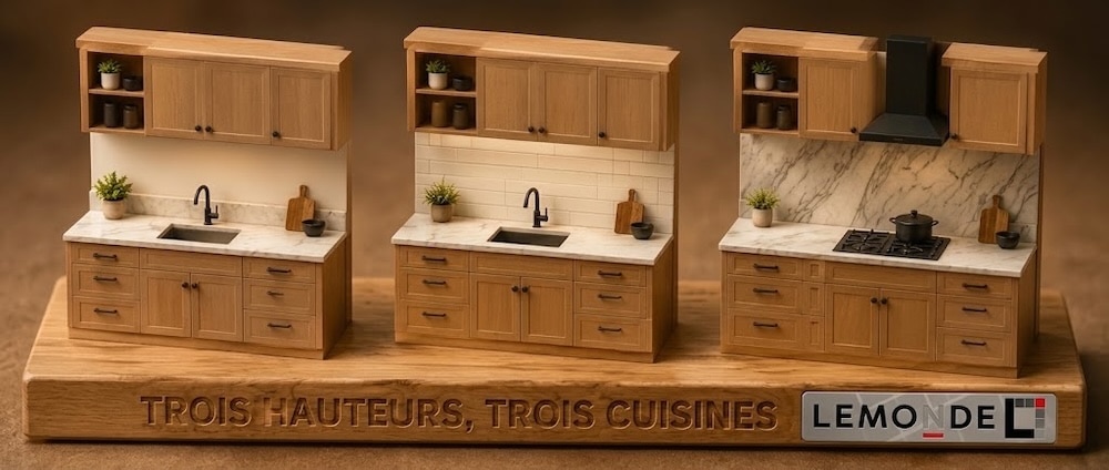 Trois hauteurs de dosseret de cuisine comparées : retour de quatre pouces, dosseret standard et pleine hauteur