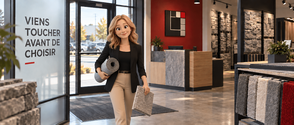 Karine Cliche traverse le showroom Lemonde avec un rouleau de sous-tapis et un échantillon de tapis sous le bras