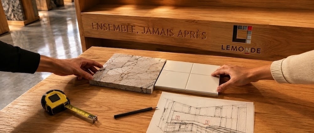 Échantillon de pierre et carreau de céramique posés sur un plan de cuisine avec ruban à mesurer, choix coordonné