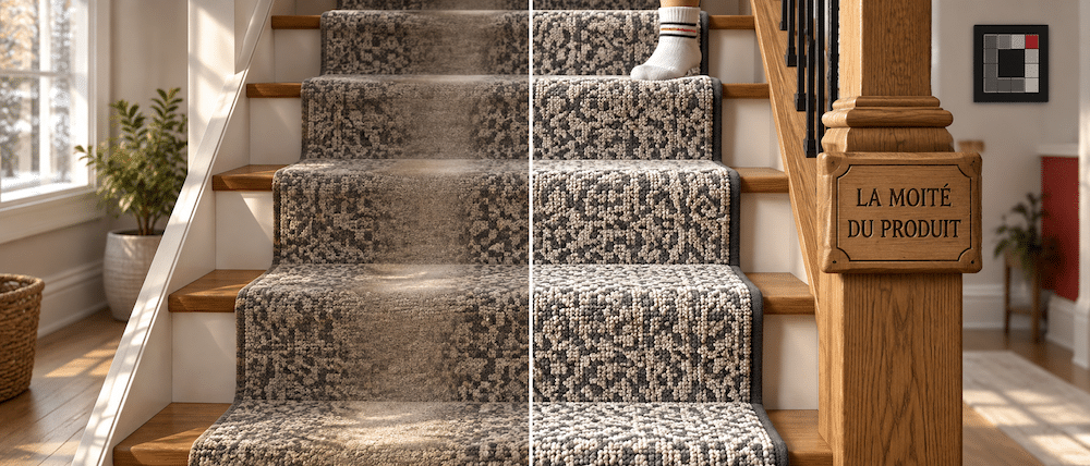 Escalier coupé en deux, à gauche un tapis usé sans sous-tapis, à droite un tapis intact avec sous-tapis