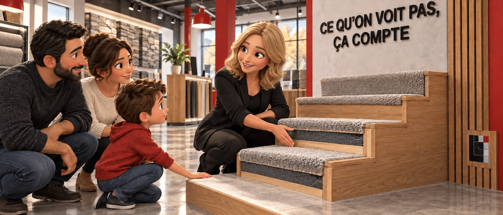 Karine Cliche montre à une famille la couche de sous-tapis sous une marche d'escalier au showroom Lemonde de Boucherville