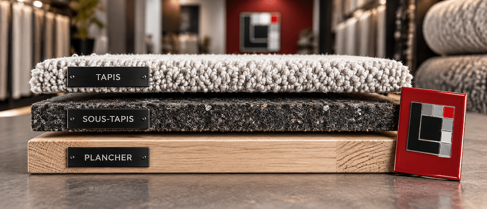 Les trois couches empilées au showroom Lemonde, plancher de bois, sous-tapis de feutre et tapis de laine