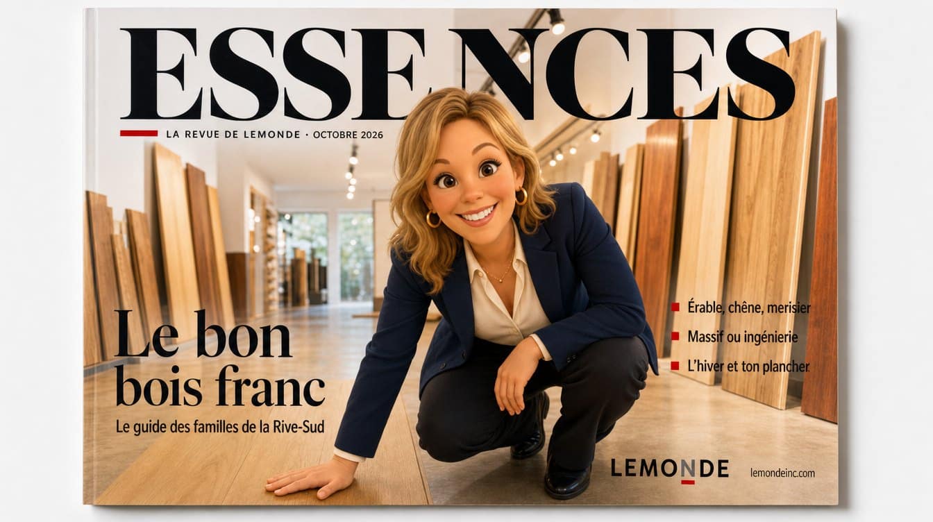 Une du magazine Essences, Karine Cliche en 3D accroupie la main sur une planche de chêne dans le showroom Lemonde, titre Le bon bois franc