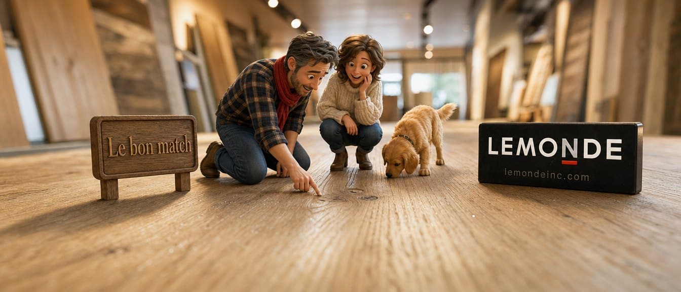 Mini famille 3D qui compare le grain d’une planche de chêne blanc au showroom Lemonde, avec un chien et une affiche Le bon match