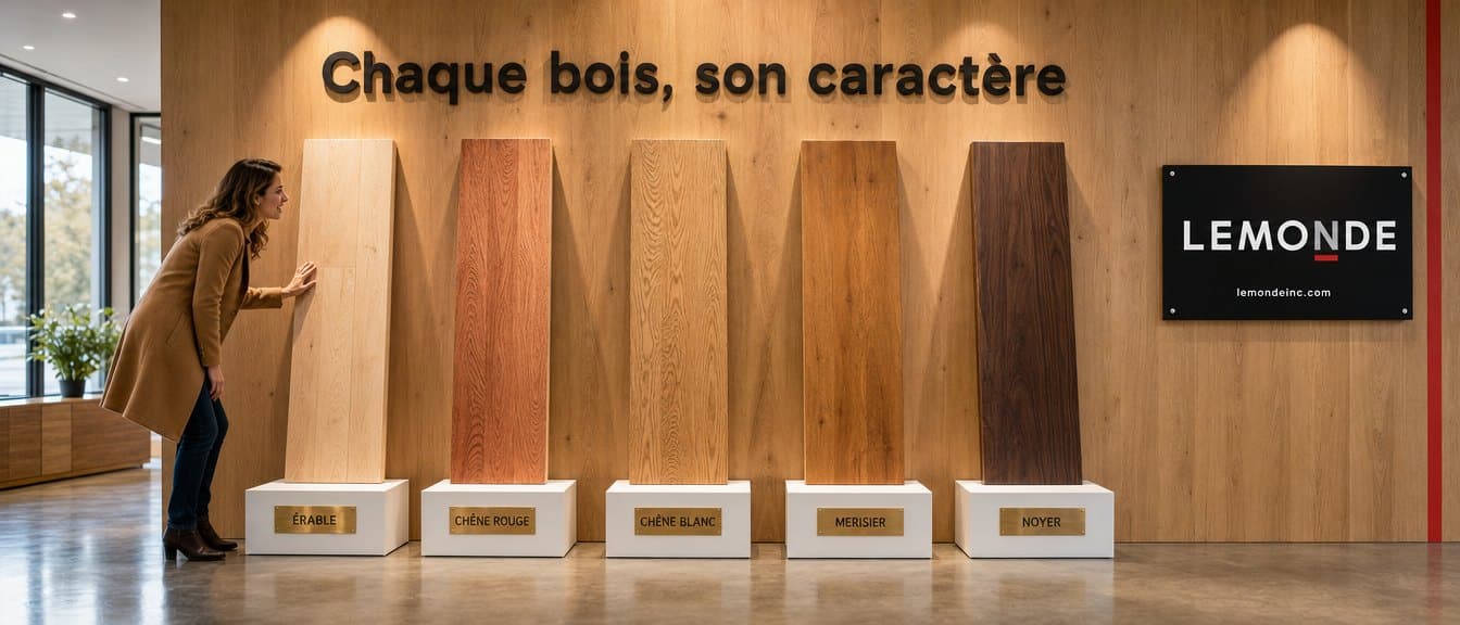 Cinq planches de bois franc exposées comme au musée chez Lemonde, érable, chêne rouge, chêne blanc, merisier et noyer, une femme touche l’érable
