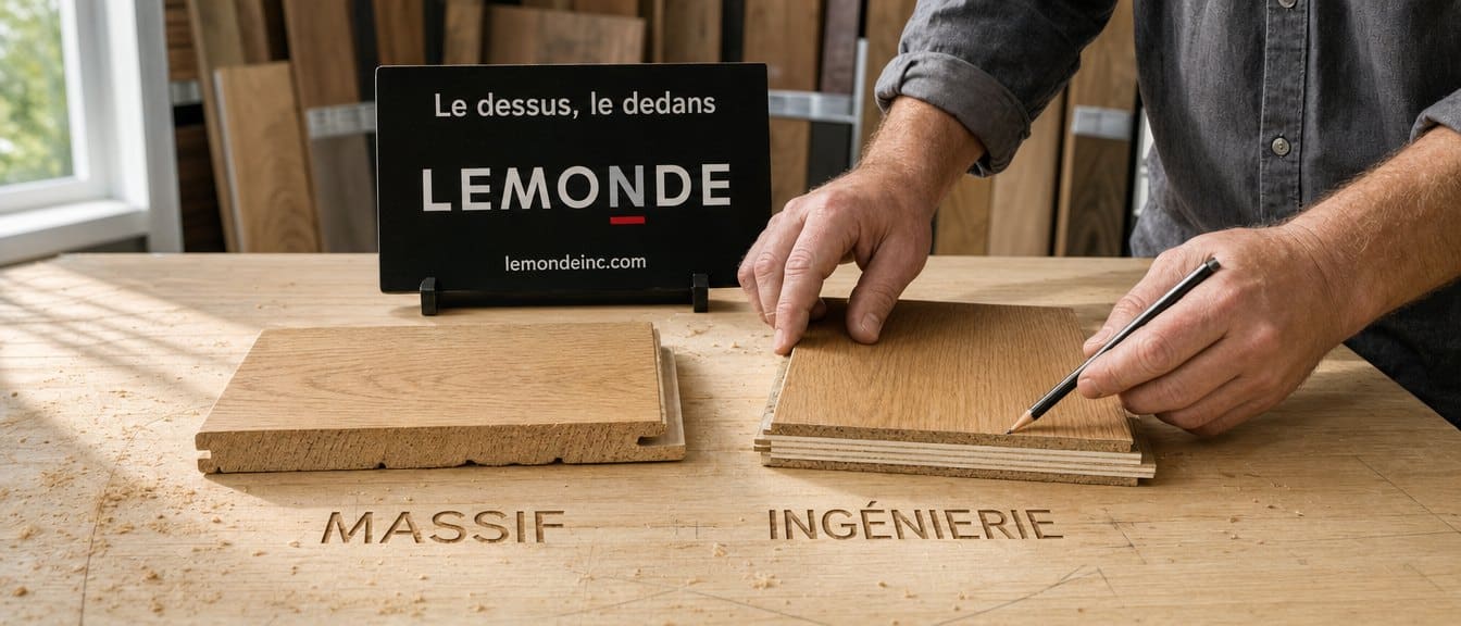 Coupe d’une planche de bois franc massif à côté d’une planche d’ingénierie, mains d’un installateur qui montrent la couche d’usure