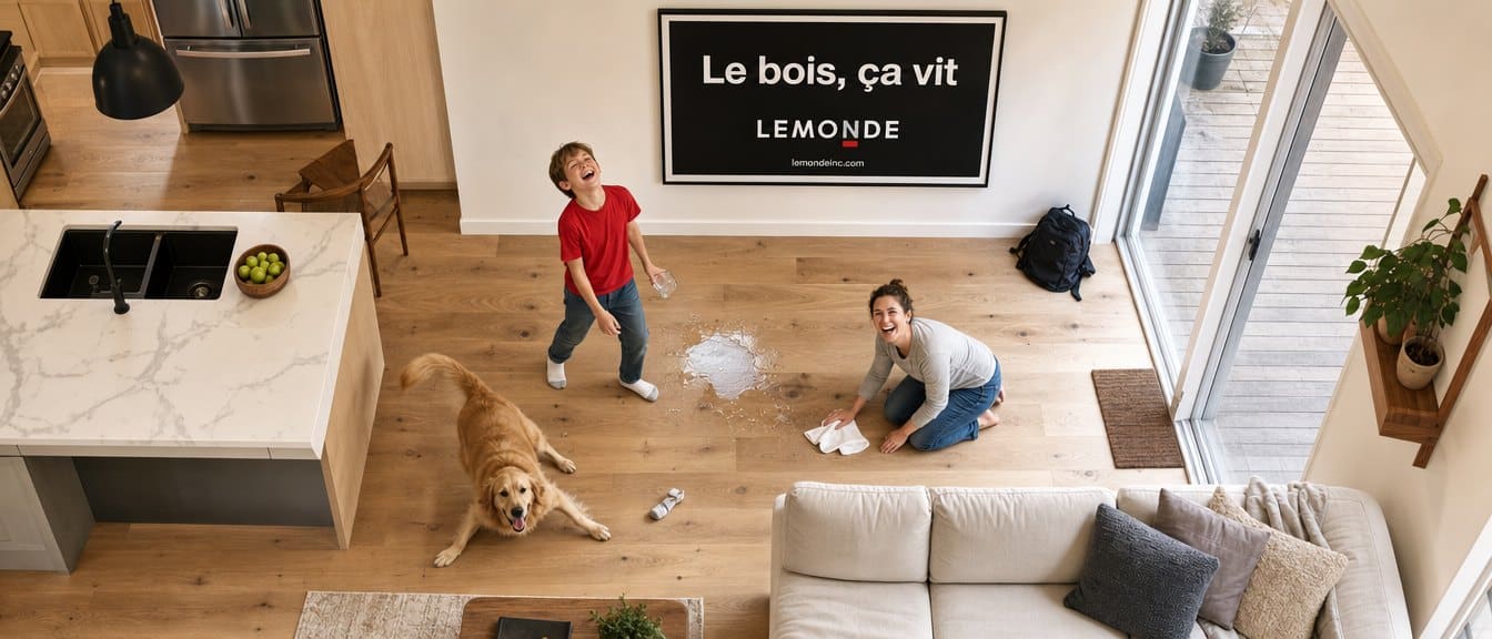 Famille qui rit dans une cuisine ouverte au plancher de chêne, un verre d’eau renversé essuyé tout de suite, un golden retriever qui glisse