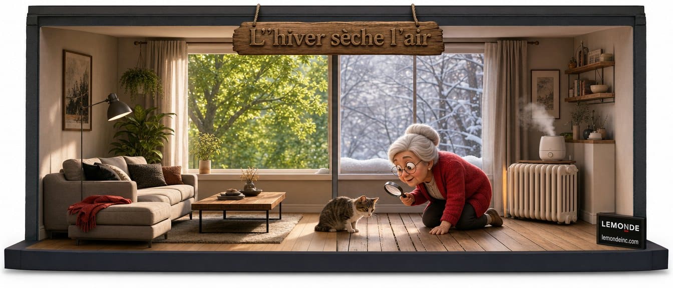 Diorama 3D d’un salon québécois, été d’un côté, hiver de l’autre, une grand-mère regarde à la loupe les espaces entre les planches de bois franc