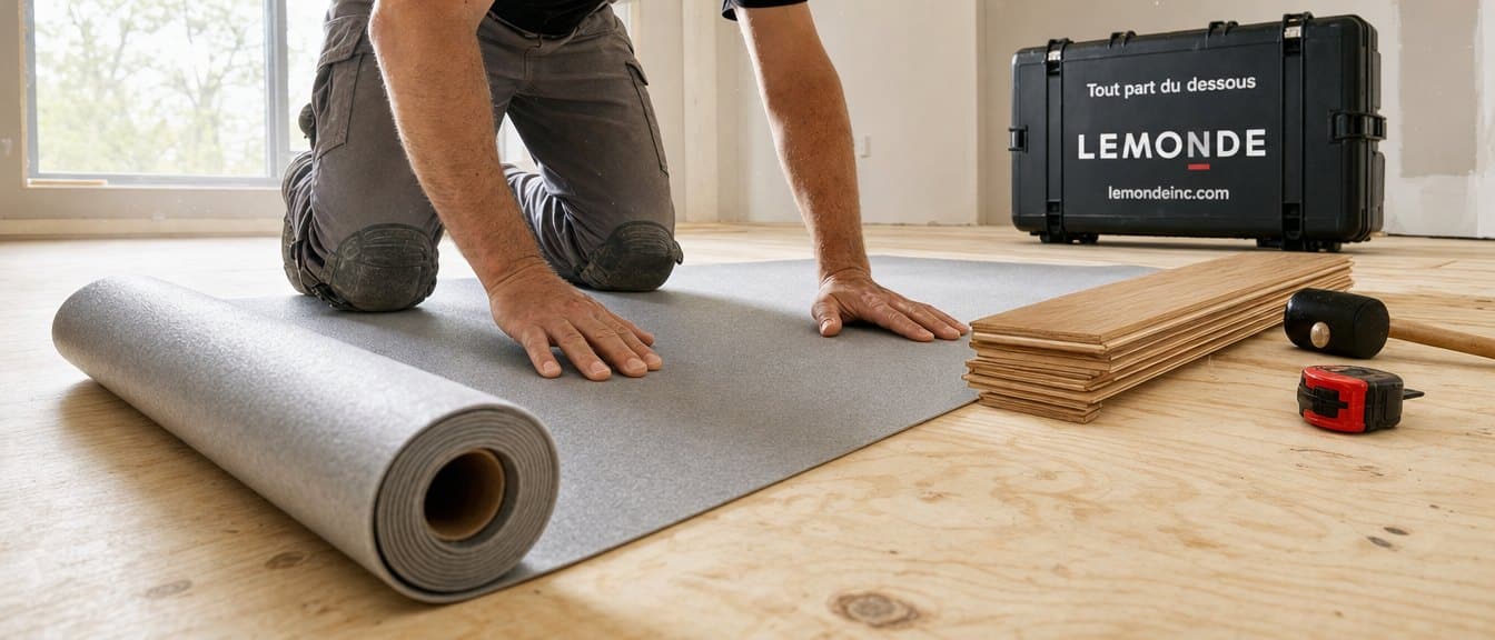 Installateur qui déroule une sous-couche grise sur un sous-plancher de contreplaqué avant la pose d’un plancher de bois franc