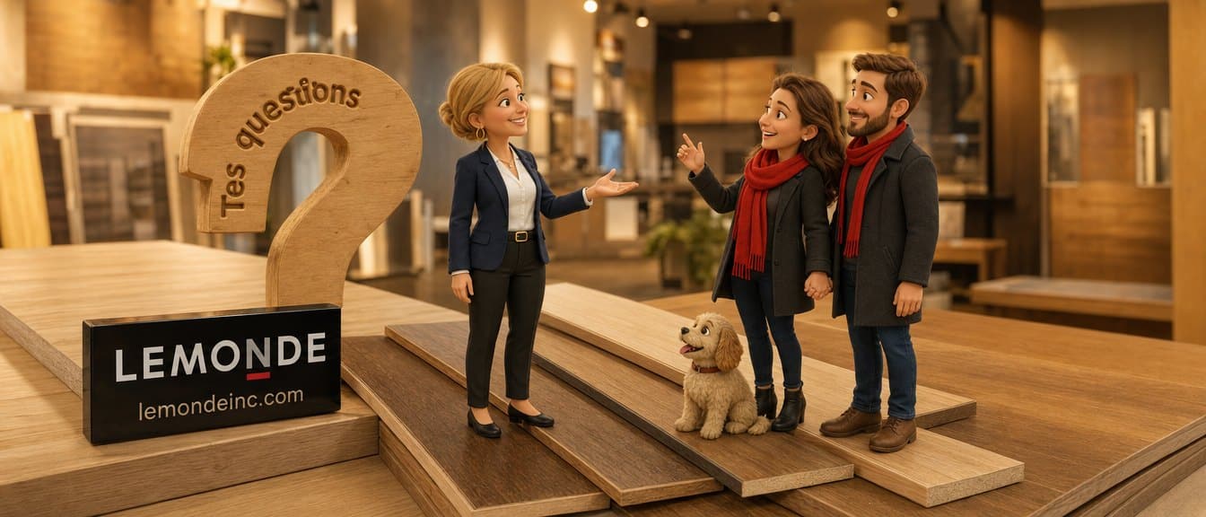 Karine Cliche en mini 3D qui répond aux questions d’un couple sur des échantillons de bois franc au showroom Lemonde