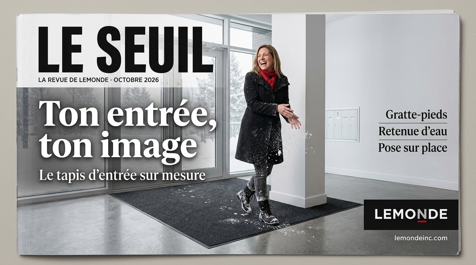 Une femme rit en secouant la neige de son manteau sur un tapis d'entrée sur mesure posé autour d'une colonne, couverture de magazine Le Seuil de Lemonde