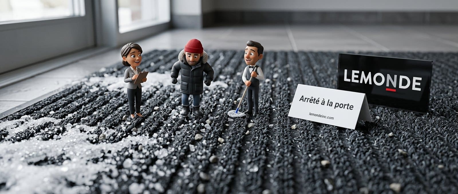 Mini personnages 3D sur un tapis d’entrée gratte-pieds couvert de neige et de calcium, avec une carte Arrêté à la porte et le logo Lemonde