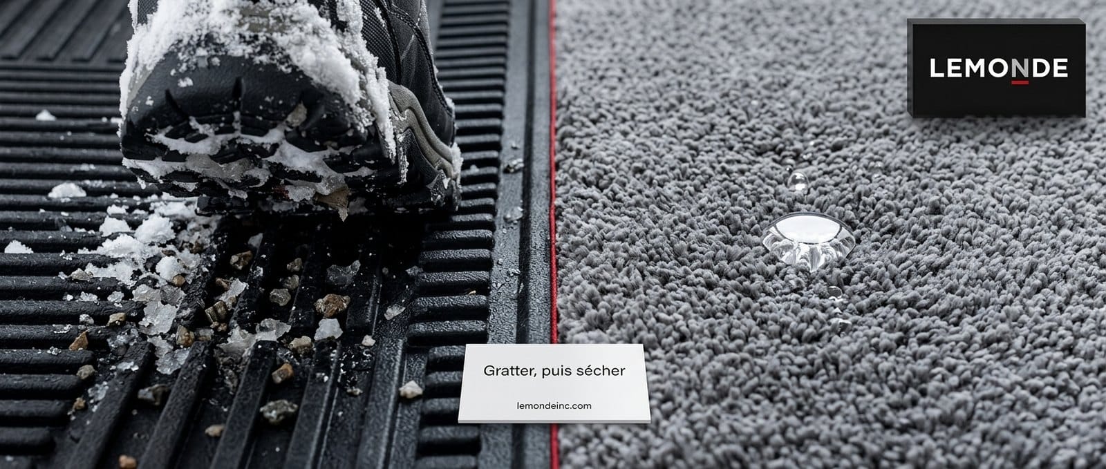 Tapis d’entrée commercial : gratte-pieds rainuré qui enlève la neige d’une botte à côté d’un tapis absorbant gris qui boit une goutte d’eau