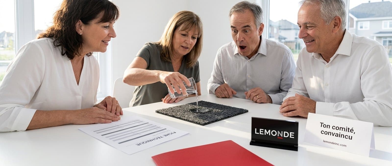 Comité de copropriété surpris de voir un échantillon de tapis d’entrée absorber l’eau versée d’un verre, fiche technique sur la table