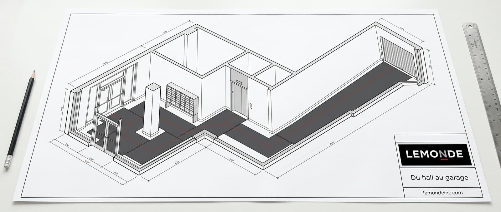 Plan axonométrique d’un rez-de-chaussée en L avec tapis d’entrée commercial sur mesure découpés autour d’une colonne jusqu’aux boîtes aux lettres et au garage